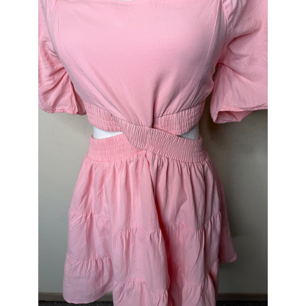 Senllen Pink Cutout Tiered Mini Dress Medium Cotton Summer Sun Dress Coquette‎ - Picture 7 of 12